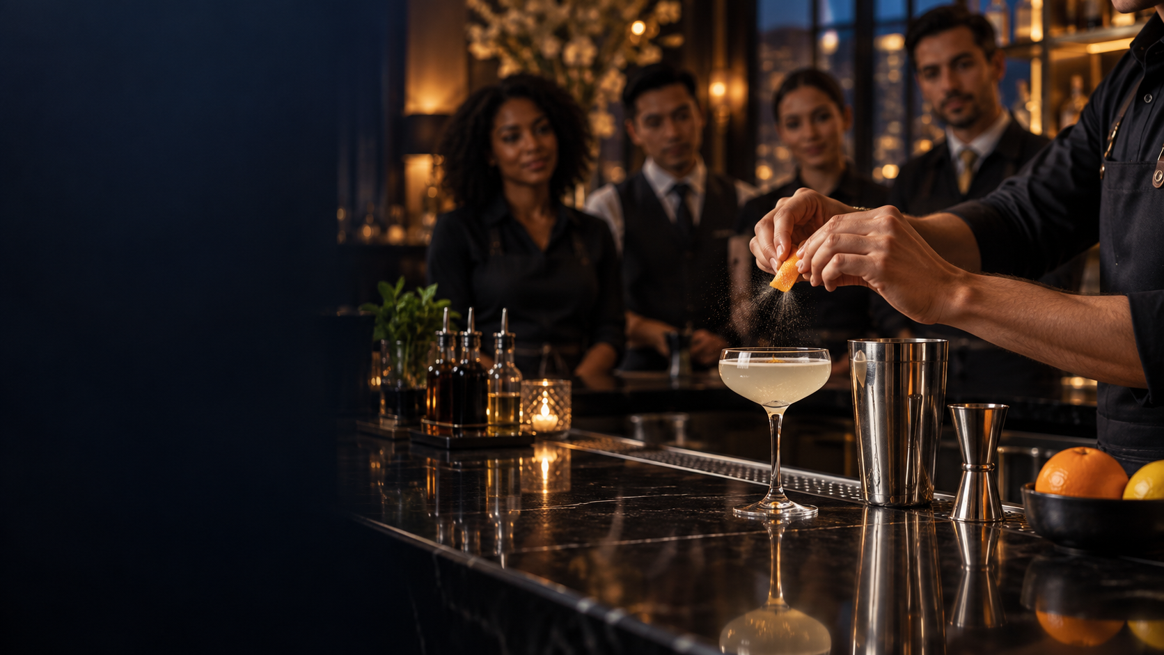 Bartending instructor demonstrating a cocktail technique to hospitality professionals