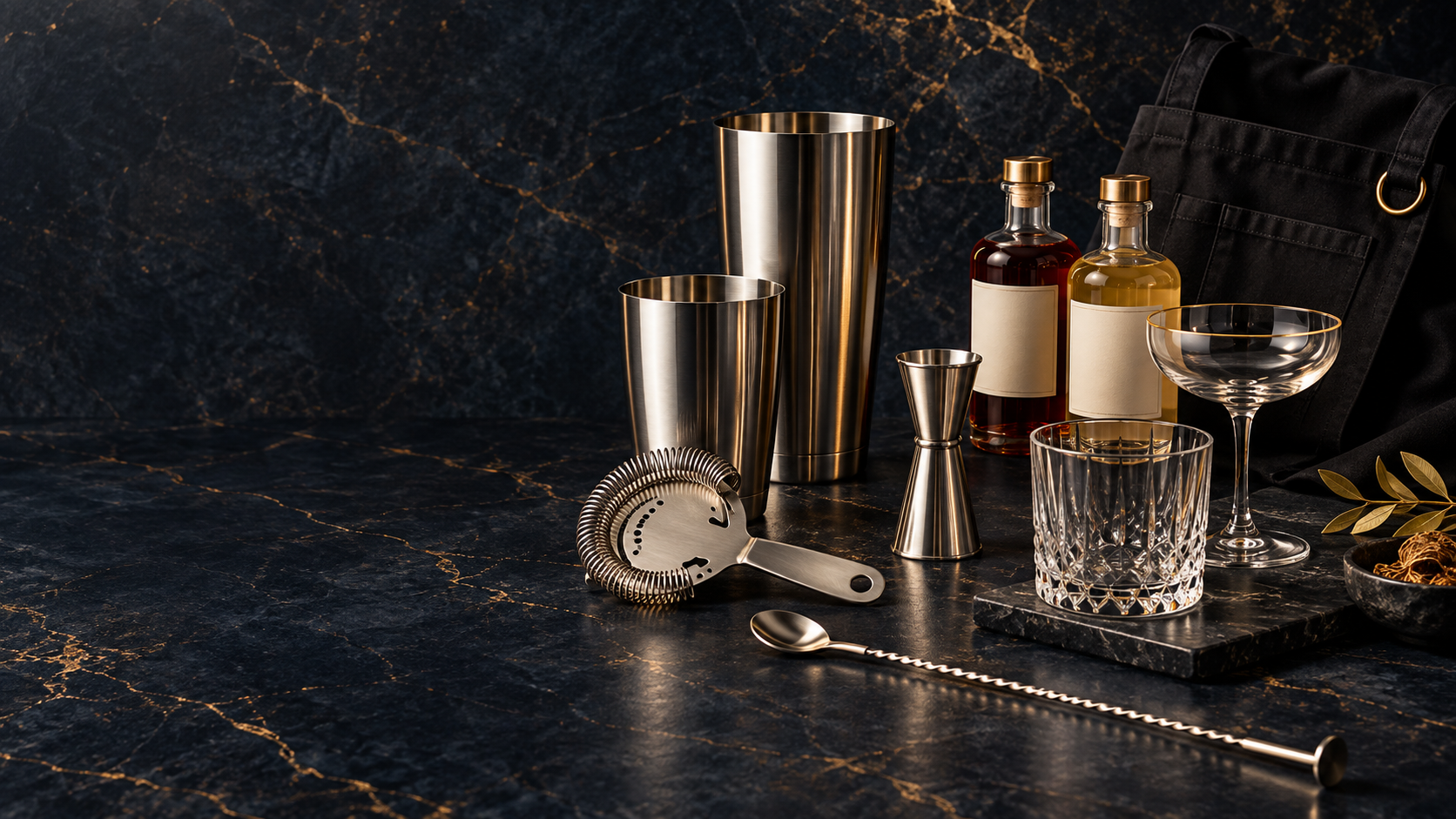 Professional bartender tools, glassware, syrups, and apron