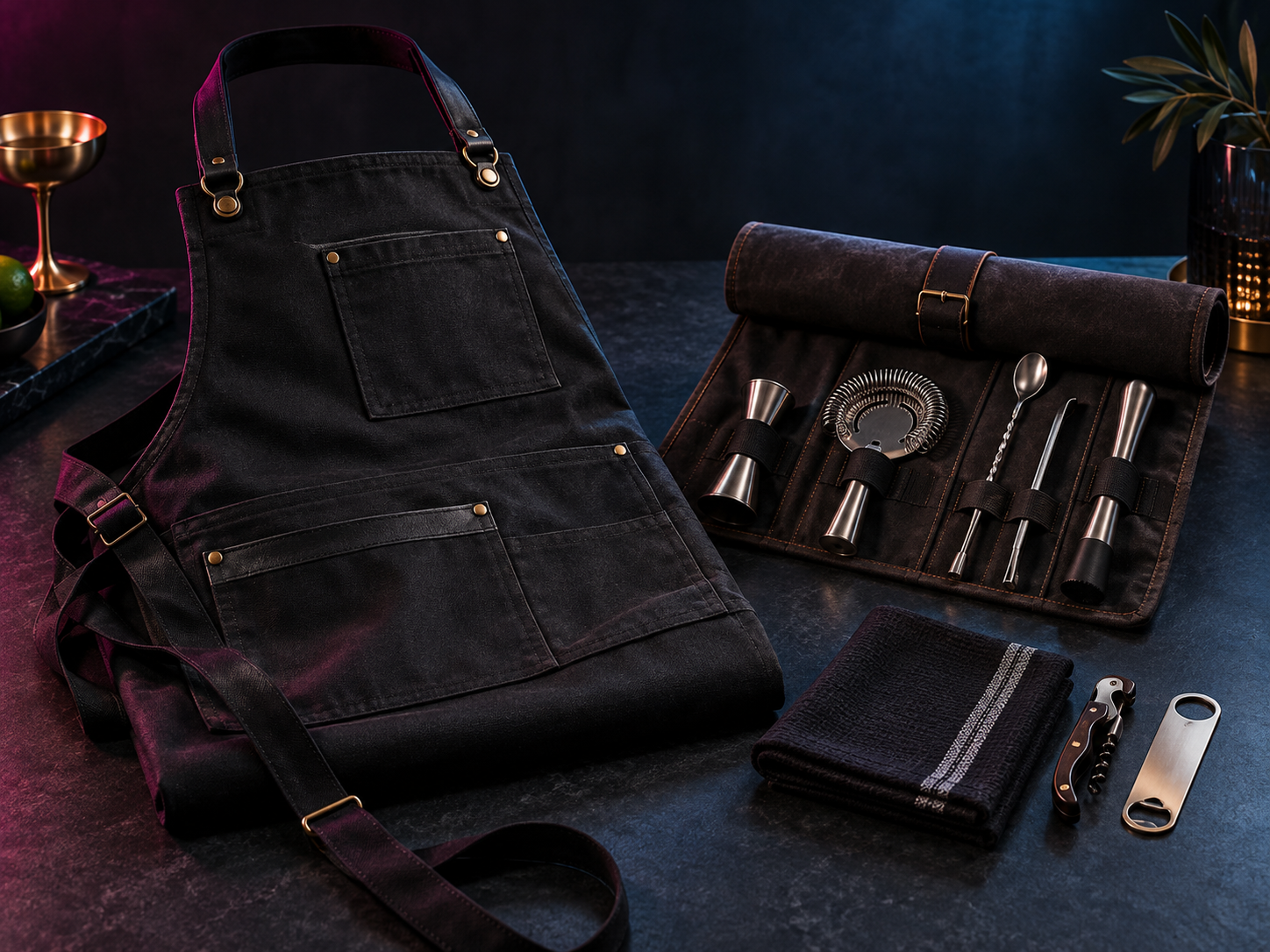 Professional black bartender apron and bar-tool roll