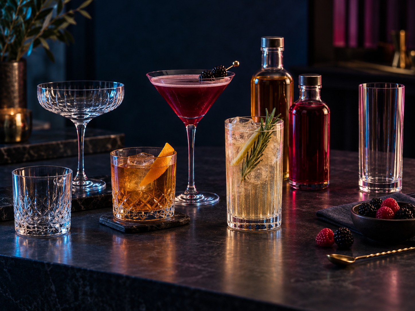 Elegant coupe, rocks, and highball cocktail glassware